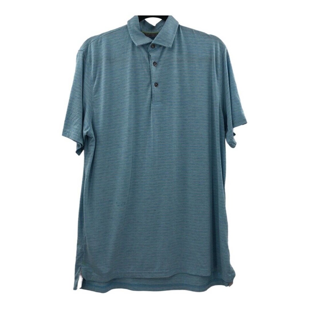 Tasc Performance Golf Mens Stripe Blue Green Organic Bamboo Cotton Polo Shirt M